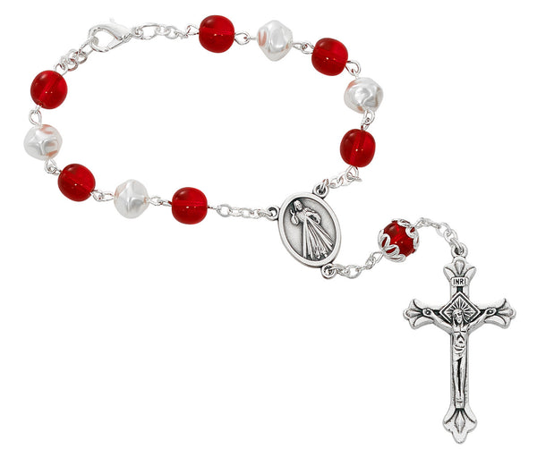 White and Red Divine Mercy Auto Rosary