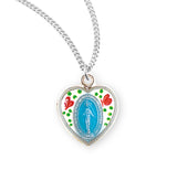 Sterling Silver Flower Enameled Heart Miraculous Medal